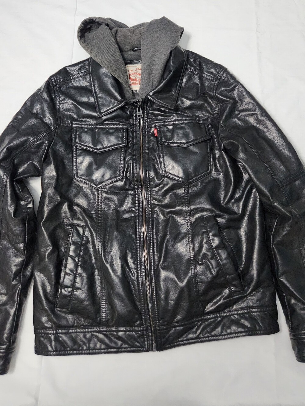 LEVI'S FAUX LEATHER  MEN'S JACKETS LINED HOODIE COLOR BLACK SIZE SMALL